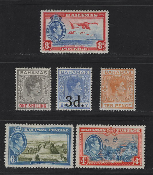 Lot 63 Bahamas SG#154c, 155d, 158-161 10d - 3d on 2.5d Yellow Orange - Blue King George VI, 1938-1952 KGVI Issue, 6 VFOG Singles, Includes 1948 Printing Of The 1/- On Chalky Paper, 4d Is 1938 Printing, 6d & 8d Are 1942-1943