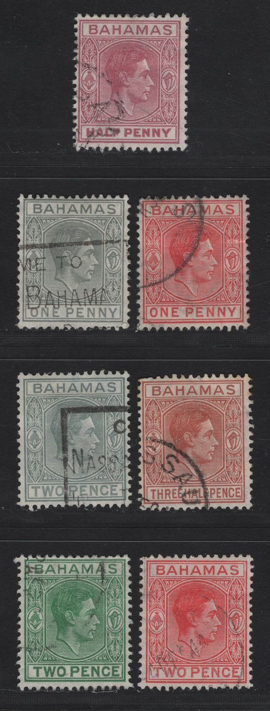 Lot 64A Bahamas SG#149e, 150-a, 151, 152, 152bc 1/2d - 2d Brown Purple - Green King George VI, 1938-1952 KGVI Issue, 6 Fine/Very Fine Used Singles