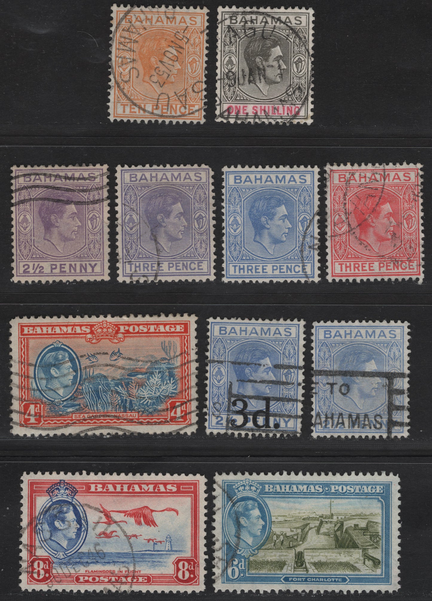 Lot 64B Bahamas SG#153-a, 154, 154ab,b, 154e, 155c, 158-161 2.5d - 8d Ultramarine - Ultramarine & Scarlet King George VI, 1938-1952 KGVI Issue, 11 Fine/Very Fine Used Singles