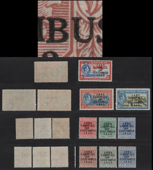 Lot 69 Bahamas SG#162-170 1.5d - 8d Green - Ultramarine King George VI, 1942 Columbus Overprinted Issue, 9 VFOG/NH Singles, All Except 1/2d & 1d Show Dropped 'B' in Columbus, Unlisted In Gibbons, 1/2d is NH.