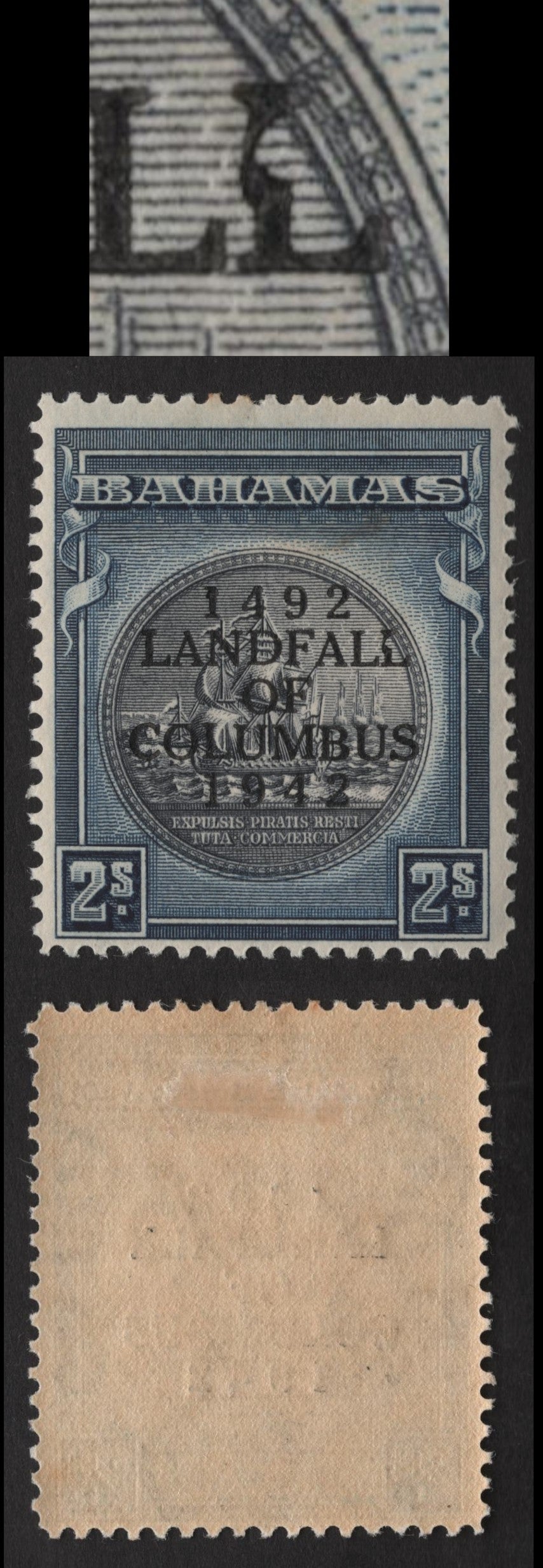 Lot 71 Bahamas SG#172 2/- Slate Purple & Indigo Seal of the Colony, 1942 Columbus Overprinted Issue, A VFOG Single, Showing Unlisted Deformed Second 'L' in 'Landfall'