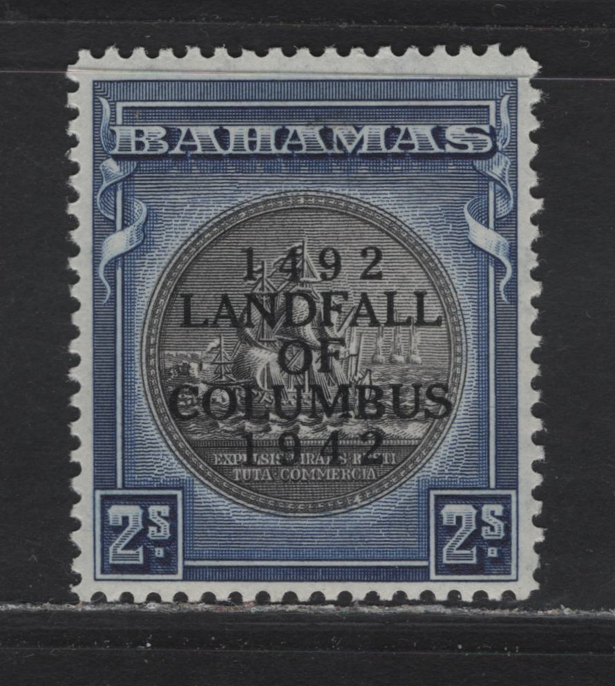 Lot 72 Bahamas SG#172b 2/- Brownish Black & Blue Steel Seal of the Colony, 1942 Columbus Overprinted Issue, A VFOG Single
