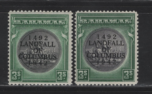 Lot 73 Bahamas SG#173-a 3/- Slate Purple & Myrtle Green - Brownish Black & Green King George VI - Seal of the Colony, 1942 Columbus Overprinted Issue, 2 FOG Singles