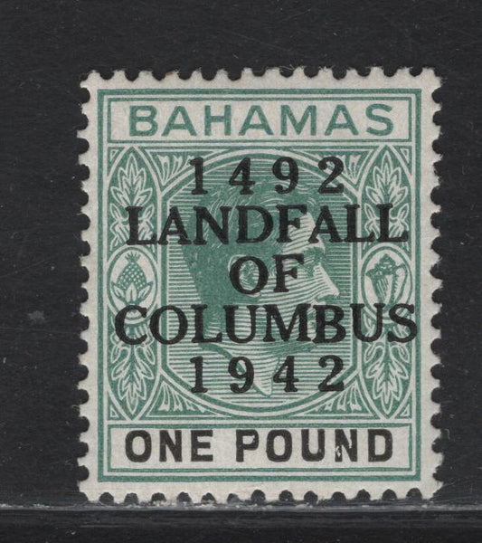 Lot 75 Bahamas SG#175a £1 Gray Green & Black King George VI - Seal of the Colony, 1942 Columbus Overprinted Issue, A VFOG Single, Showing Dropped B In Columbus, Ordinary Paper