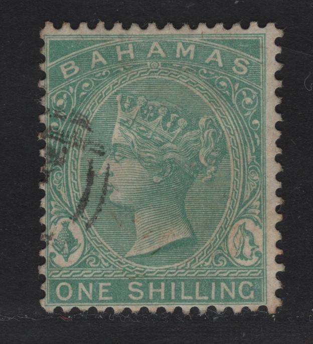 Lot 8 Bahamas SG#39b 1/- Green Queen Victoria, 1863-1880 Queen Victoria Sideface Issue, A Fine Used Single, Perf 14, Crown CC Wmk