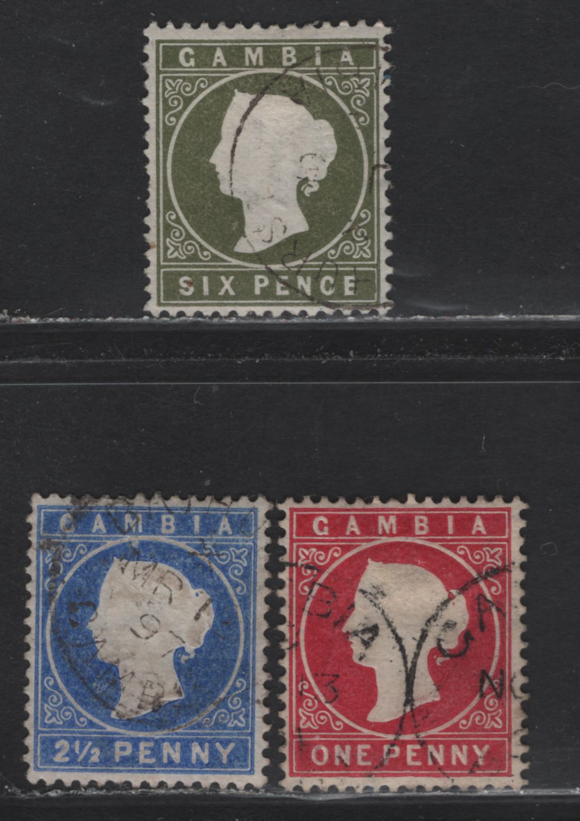 Lot 85 Gambia (C)  SG#23, 26, 32d 1d - 6d Crimson - Olive Green Queen Victoria, 1886-1893 Cameo Issue, 3 Very Fine Used Singles, Sideways Crown CA Wmk