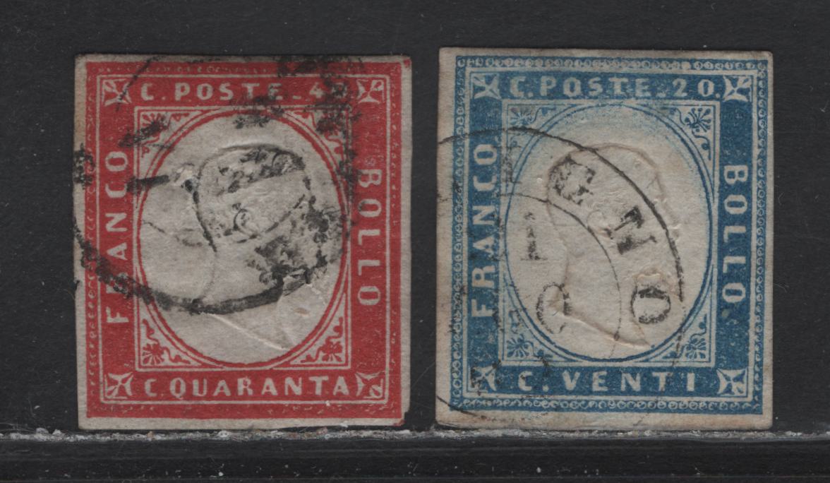 Lot 95 Italy - Sardinia (C) SC#12b, 13 20c - 40c Light Blue - Red Victor Emmanuel II, 1855-1863 Victor Emmanuel II Issue, 2 Very Good Used Singles, 20c Has A Diagonal Crease & 50c Has A Pinhole