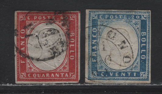 Lot 95 Italy - Sardinia (C) SC#12b, 13 20c - 40c Light Blue - Red Victor Emmanuel II, 1855-1863 Victor Emmanuel II Issue, 2 Very Good Used Singles, 20c Has A Diagonal Crease & 50c Has A Pinhole