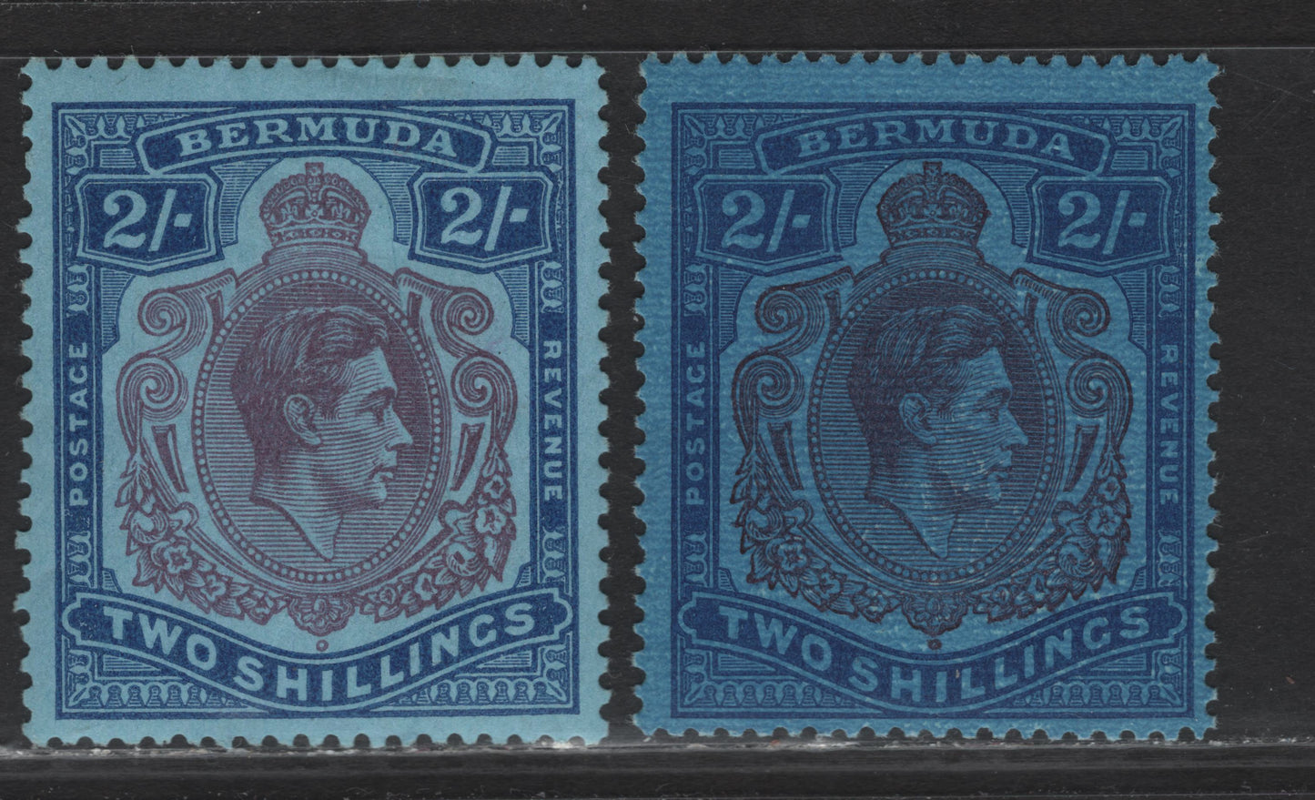 Lot 104 Bermuda SG#116c 2/- Purple & Deep Bright Blue on Deep Blue - Reddish Purple and Blue on Pale Blue King George VI, 1938-1953 KGVI Pictorial Issue, 2 F/VFOG Singles, Perfs 14 & 13.5x13, Ordinary Paper
