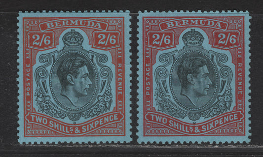 Lot 106 Bermuda SG#117c,d 2/6d Black & Orange Red on Pale Blue - Black & Red On Pale Blue King George VI, 1938-1953 KGVI Pictorial Issue, 2 VFNH Singles, 1950 & 1952 Printings, Ordinary Paper, Perf 13.25x13.