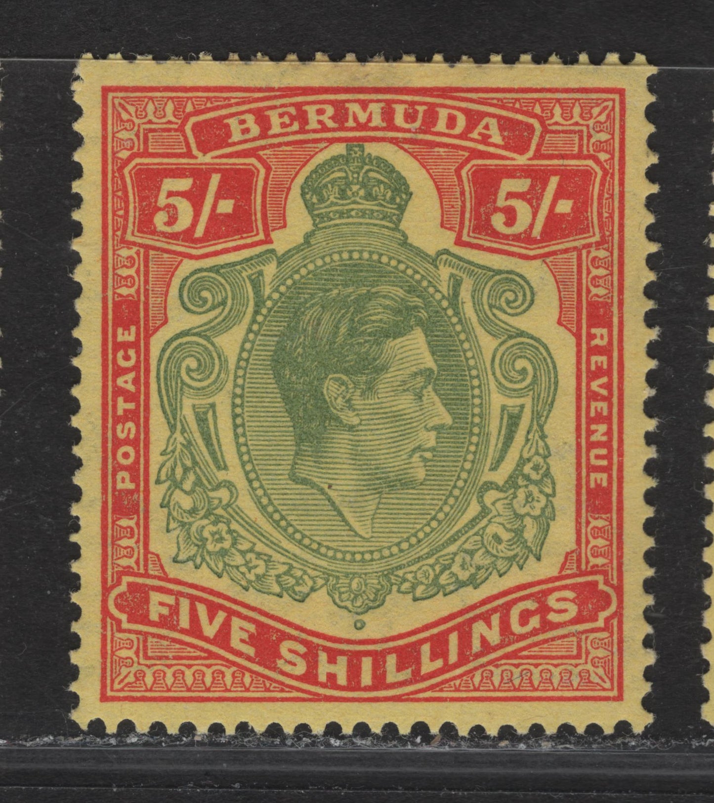 Lot 109 Bermuda SG#118evar 5/- Pale Green & Red on Yellow King George VI, 1938-1953 KGVI Pictorial Issue, A VFOG Single, Perf 14, Ordinary Paper, Variant Of the May 1945 Printing.