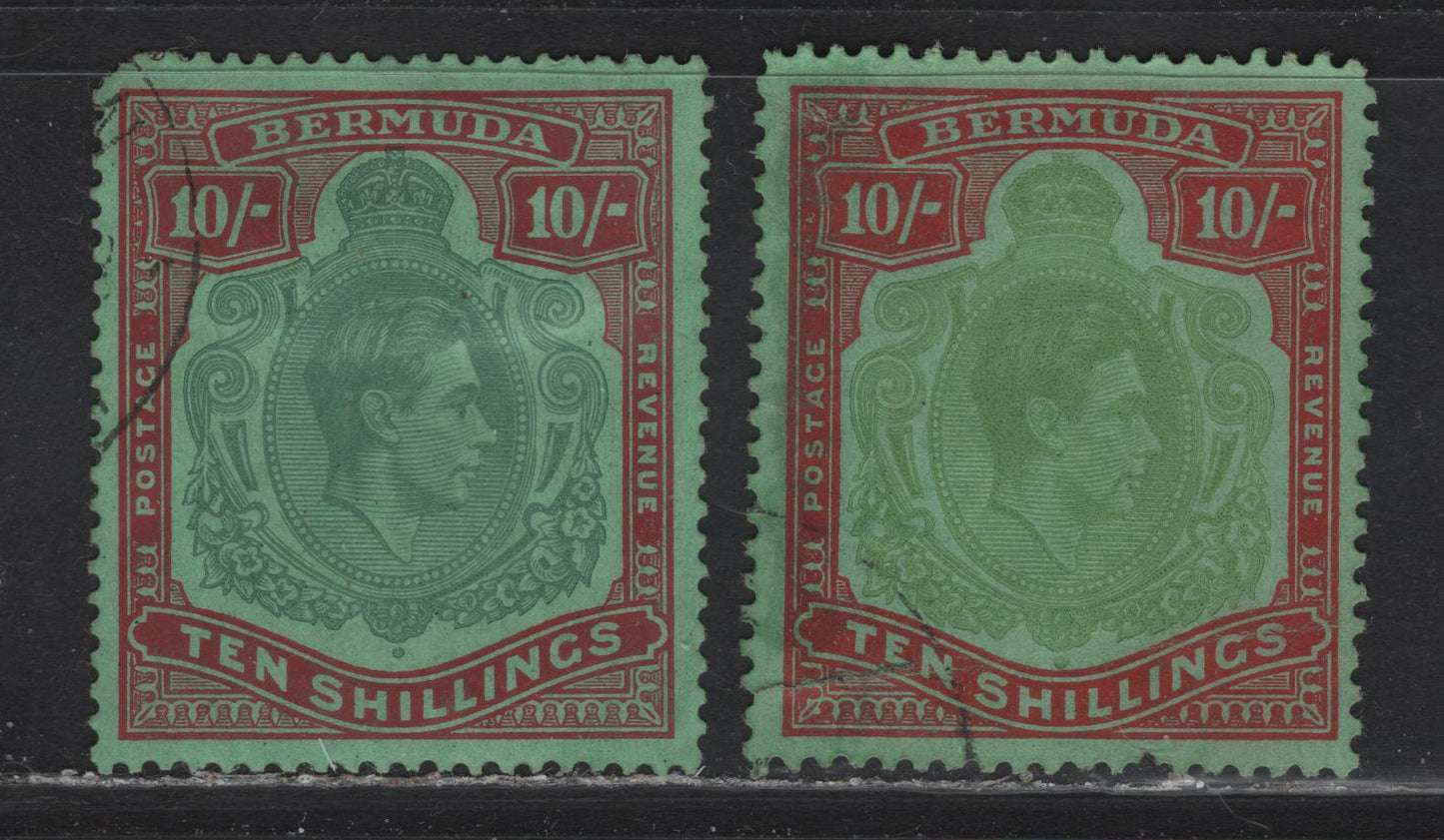 Lot 110 Bermuda SG#119a,e 10/- Bluish Green & Deep Red on Green - Green & Vermillion on Green King George VI, 1938-1953 KGVI Pictorial Issue, 2 Good/Fine Used Singles, Chalky Paper, 1939 Printing, Perf 13.25x13, Ordinary Paper