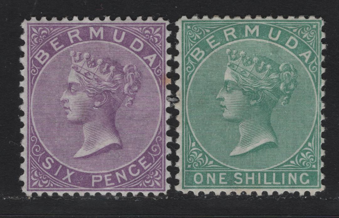 Lot 11 Bermuda SG#10a,11 6d Bright Mauve & 1/- Green, 1865-1903 Queen Victoria Keyplates Issue, Wmk Crown CC, 2 FOG Singles