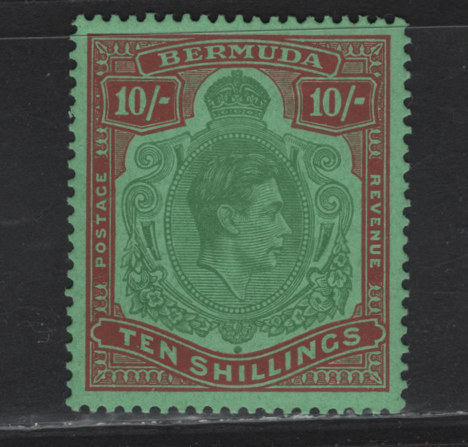 Lot 111 Bermuda SG#119f 10/- Green & Dull Red King George VI, 1938-1953 KGVI Pictorial Issue, A VFNH Single, Perf 13.25x13, Ordinary Paper, April 1953 Printing.