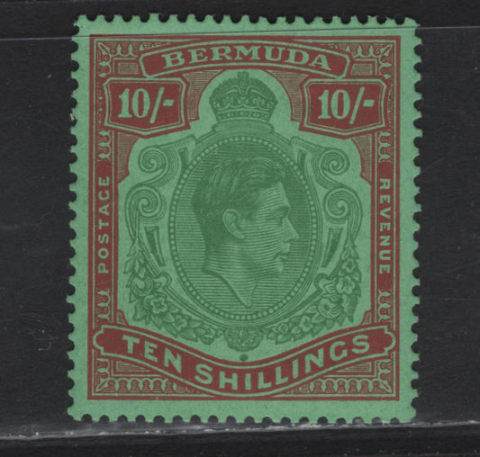 Lot 111 Bermuda SG#119f 10/- Green & Dull Red King George VI, 1938-1953 KGVI Pictorial Issue, A VFNH Single, Perf 13.25x13, Ordinary Paper, April 1953 Printing.