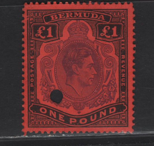 Lot 116 Bermuda SG#121e £1 Bright Violet & Black on Scarlet King George VI, 1938-1953 KGVI Pictorial Issue, A Fine Used Single, December 1952 Printing With Revenue Punch Cancel, Ordinary Paper, Perf 13.25x13.