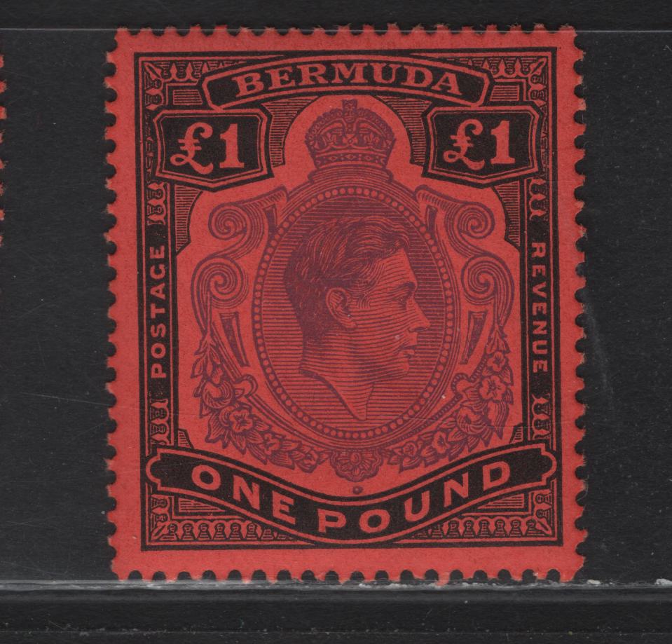 Lot 117 Bermuda SG#121d £1 Violet & Black on Scarlet King George VI, 1938-1953 KGVI Pictorial Issue, A VFNH Single, December 1951 Printing, Perf 13.25x13, Ordinary Paper.