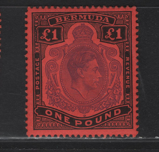 Lot 117 Bermuda SG#121d £1 Violet & Black on Scarlet King George VI, 1938-1953 KGVI Pictorial Issue, A VFNH Single, December 1951 Printing, Perf 13.25x13, Ordinary Paper.