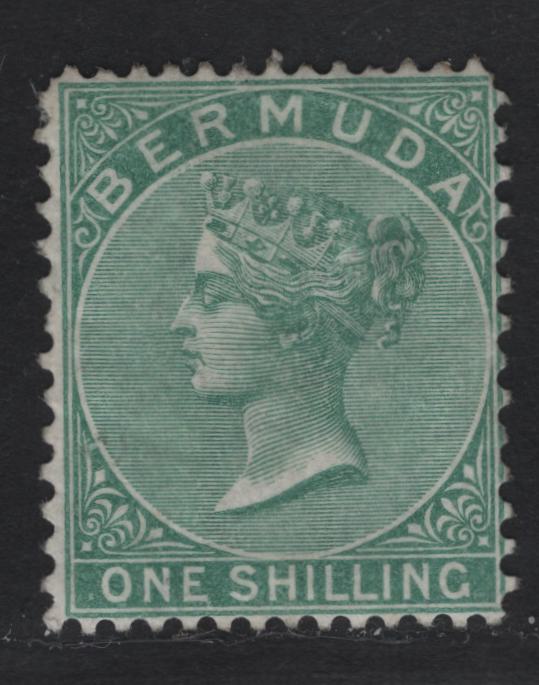 Lot 11A Bermuda SG#11 1/- Green, 1865-1903 Queen Victoria Keyplates Issue, Wmk Crown CC, A FUN Single Perf 14x12 1/2