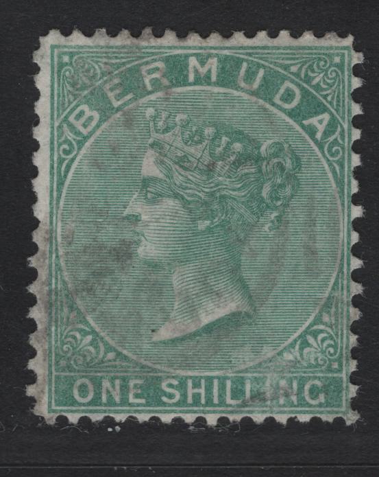 Lot 12 Bermuda SG#11 1/- Green, 1865-1903 Queen Victoria Keyplates Issue, Wmk Crown CC, A Fine Used Single Perf 14x12 1/2, Faint CDS Strikes, A Couple Minor Blemishes
