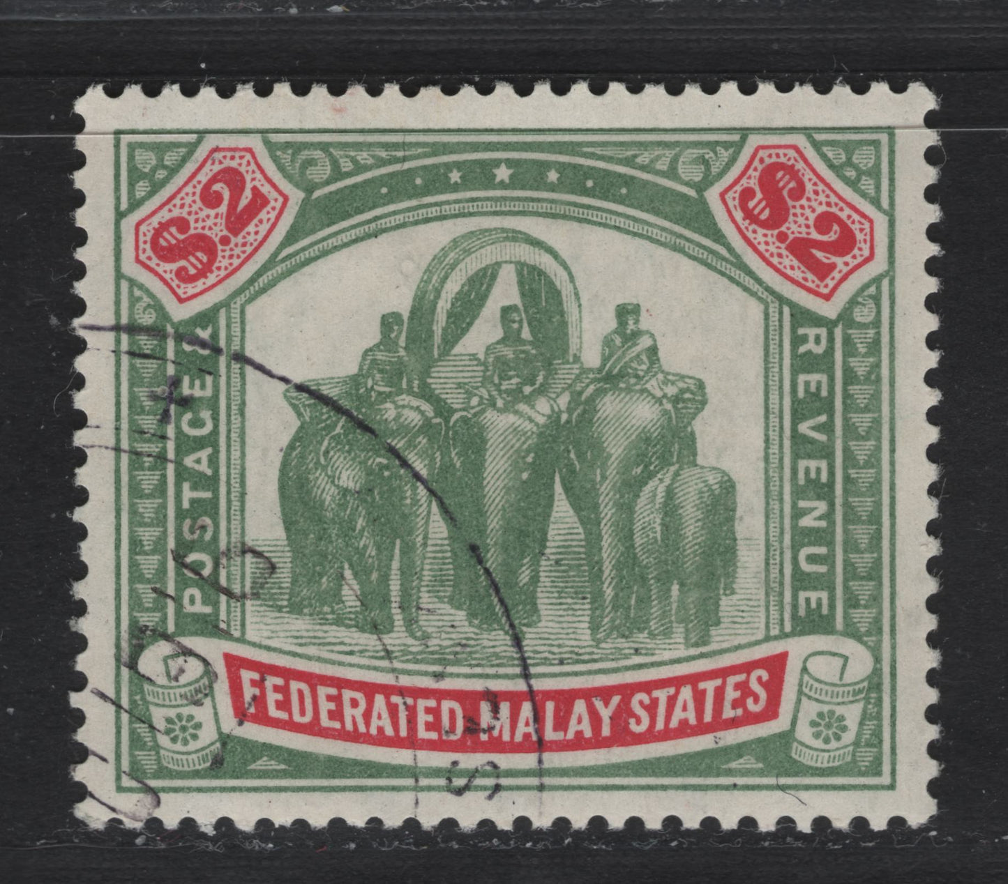 Lot 129 Federated Malay States (C) SG#49 $2 Green & Carmine Tiger & Elephant, 1904-1922 Tiger & Elephant Definitive Issue, A Very Fine Used Single, Multiple Crown CA Wmk, Either CTO With Full Gum or Fiscal Cancel