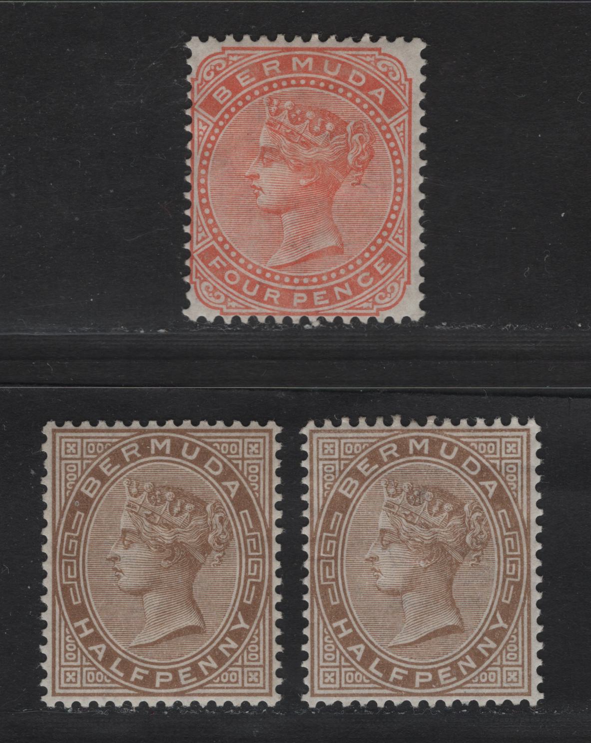 Lot 13 Bermuda SG#19-20 1/2d Stone (2 Shades) & 4d Orange Red, 1880-1904 Queen Victoria Keyplates Issue, Wmk Crown CC, 3 F&VF OG Singles Perf 14