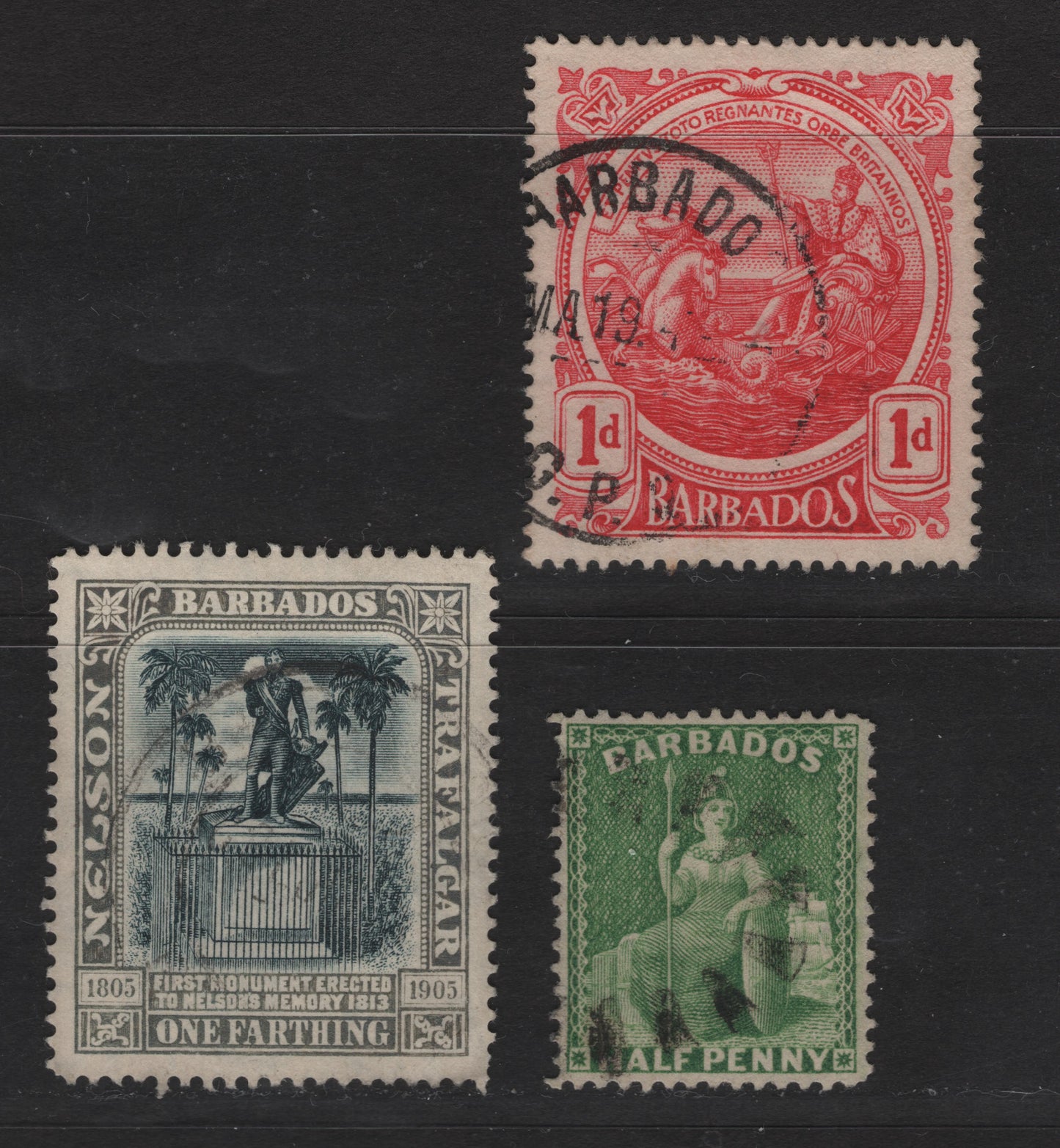 Lot 134 Barbados (C) SG#72x, 158, 183 1/2d - 1d Bright Green - Deep Red Britannia, 1875-1907 Britannia - Nelson Centenary Issues, 3 Very Fine Used Singles, Crown CC & Multiple Crown CA Wmks