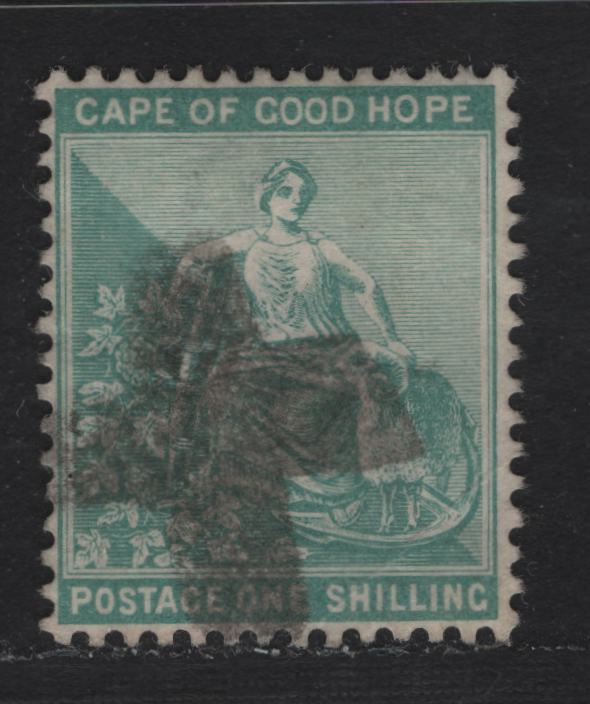 Lot 136 Cape of Good Hope (C) SG#66 1/- Blue Green Seated Hope, 1893-1898 Seated Hope Issue, A Very Fine Used Single, Cabled Anchor Wmk, No Outer Frameline, X Cork Cancel.