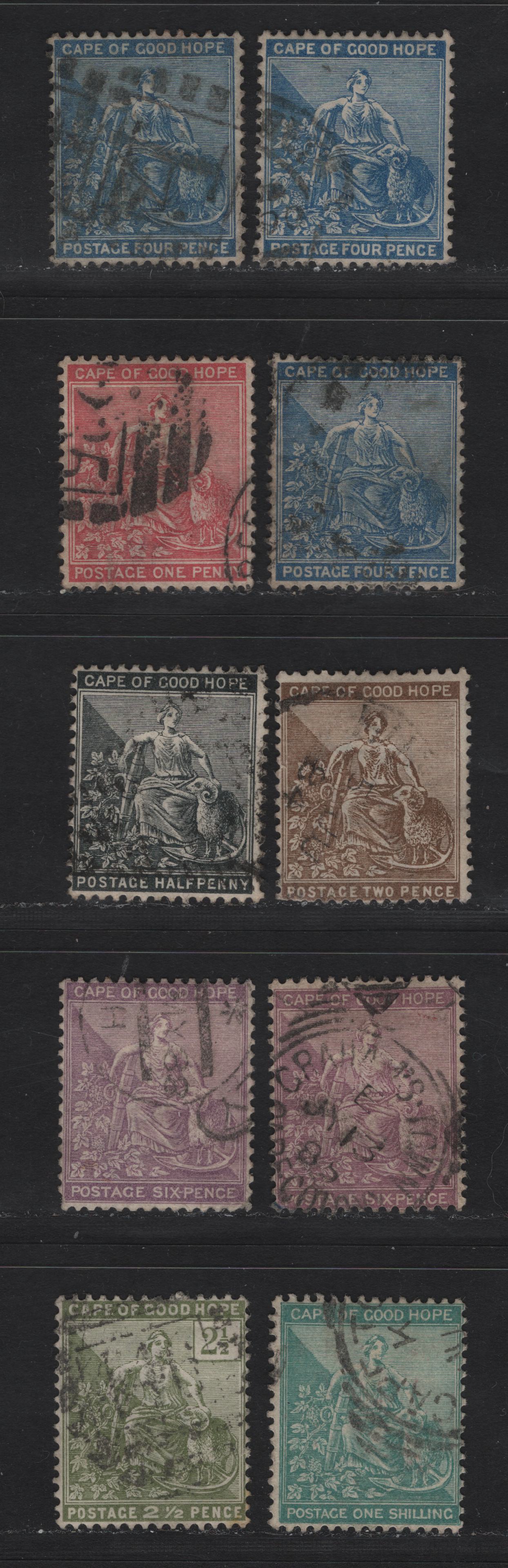 Lot 137 Cape of Good Hope (C) SG#40-41, 42a, 51-a, 52,b, 53, 56 1/2d - 2.5d Black - Sage Green Seated Hope, 1882-1898 Seated Hope Issue, 9 Fine/Very Fine Used Singles, Crown CA & Cabled Anchor Wmks
