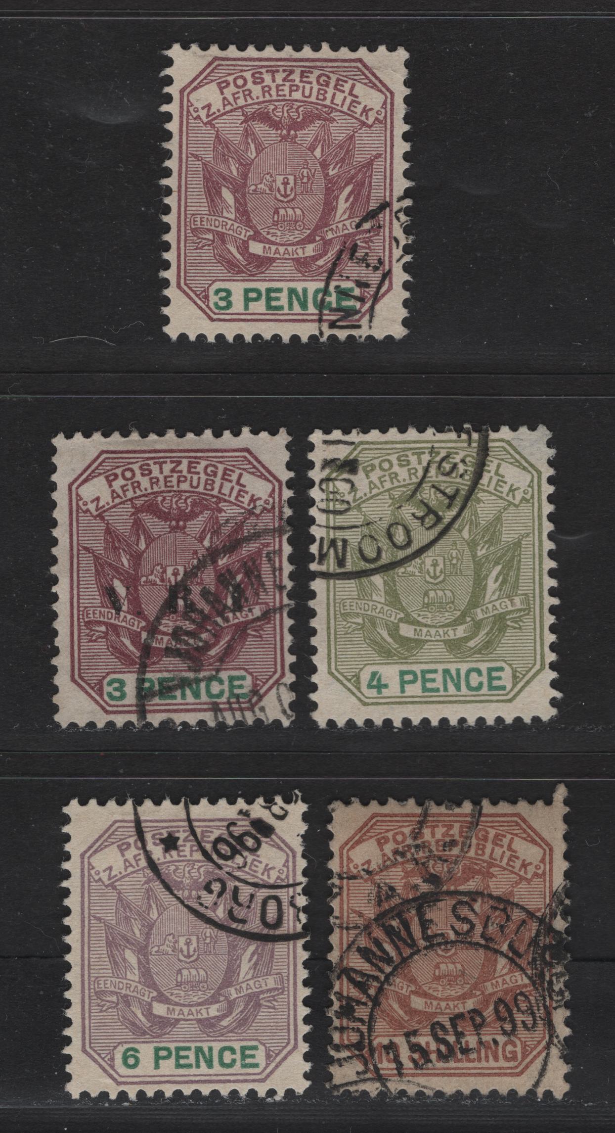 Lot 140 Transvaal (C) SG#212a, 220-222, 230 10/- - 3d Red Brown - Purple & Green Wagon With Pole, 1895-1896 Wagon Issue, 5 Fine/Very Fine Used Singles