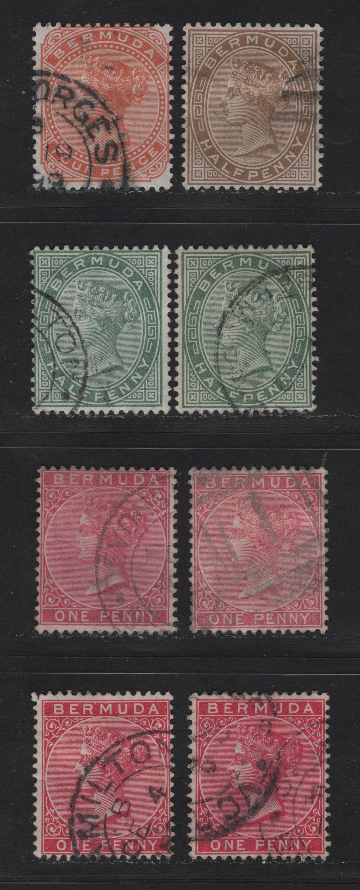 Lot 14 Bermuda SG#19-20,21,21a,22,23,24,24a 1/2d Stone, 4d Orange Red, 1/2d Dull Green, 1/2d Deep Grey Green, 1d Dull Rose, Rose Red, Rose Carmine & Aniline Carmine, 1880-1904 Queen Victoria Keyplates Issue, Wmk Crown CC & CA, 8 F&VF Used Singles