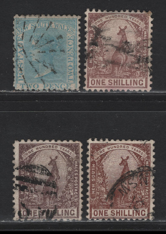 Lot 142 New South Wales (C) SG#192, 258b-c, 325 2d - 1/- Pale Blue - Purple Brown Kangaroo, 1892-1903 Pictorial Issues, 4 Fine/Very Fine Used Singles, Single Lined 2 & Crown & NSW Wmks, Perf 12