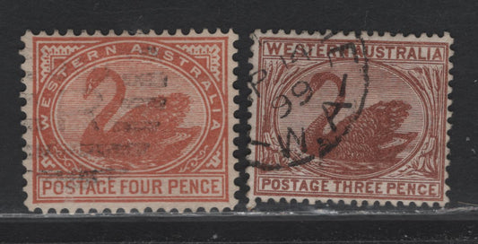 Lot 144 Western Australia (C) SG#87, 119 3d - 4d Red Brown - Chestnut Swan, 1882-1895 Swans Issue, 2 Fine/Very Fine Used Singles, Crown CA & V Over Crown CA Wmks