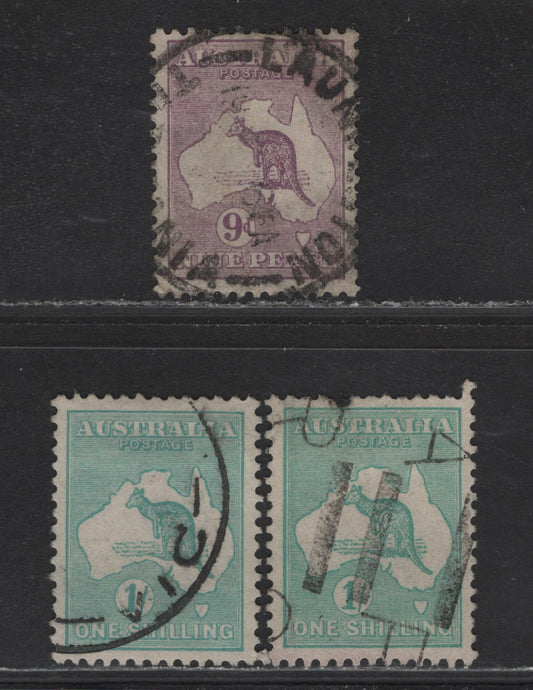 Lot 146 Australia (C) SG#39-40 9d - 1/- Violet - Blue Green Kangaroo & Map, 1915-1927 Kangaroo & Map Issue, 3 Very Fine Used Singles, 3rd Wmk (Narrow Crown Over A), Shades of 1/- Blue Green