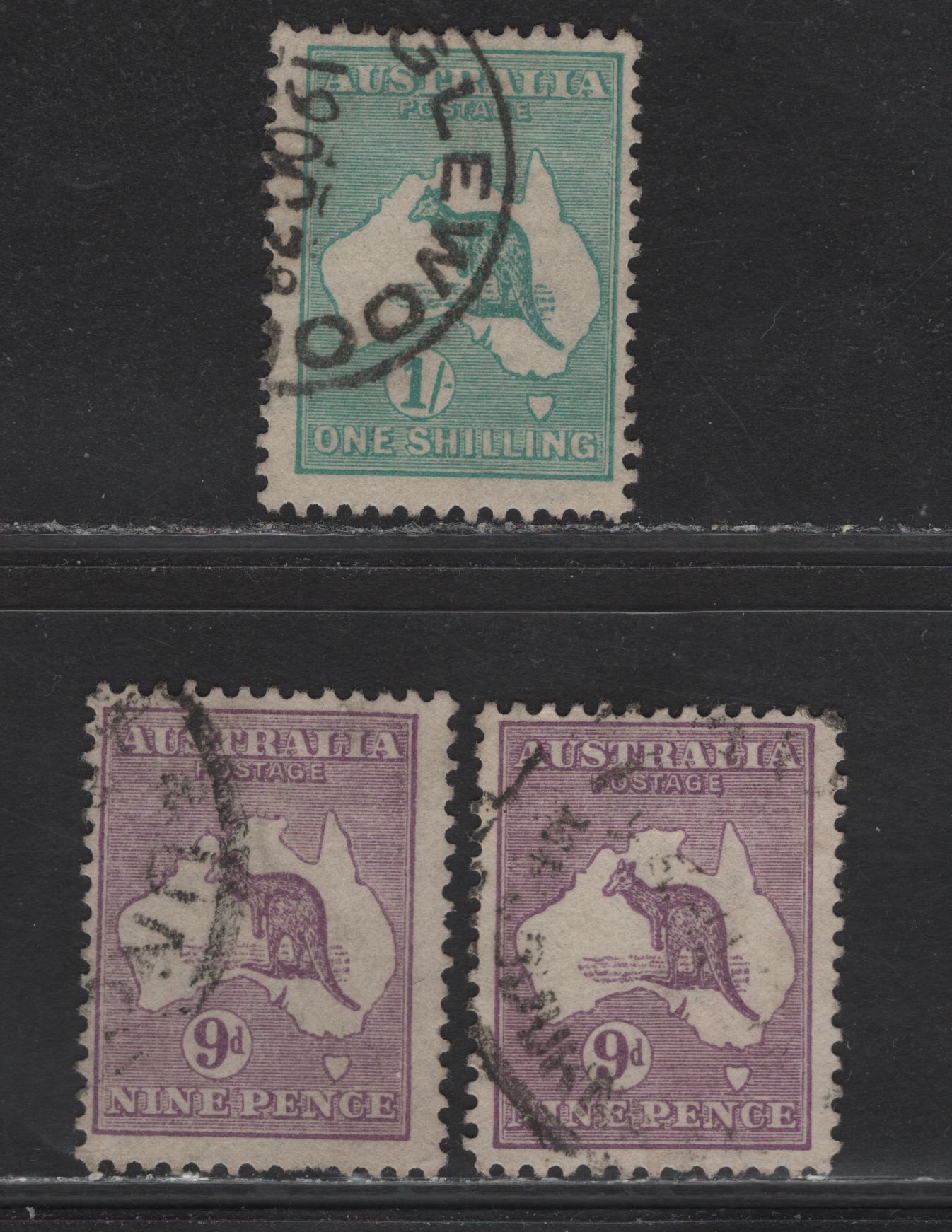 Lot 147 Australia (C) SG#39-40 9d - 1/- Violet -Blue Green Kangaroo & Map, 1915-1927 Kangaroo & Map Issue, 3 Fine Used Singles, Two Shades Of 9d