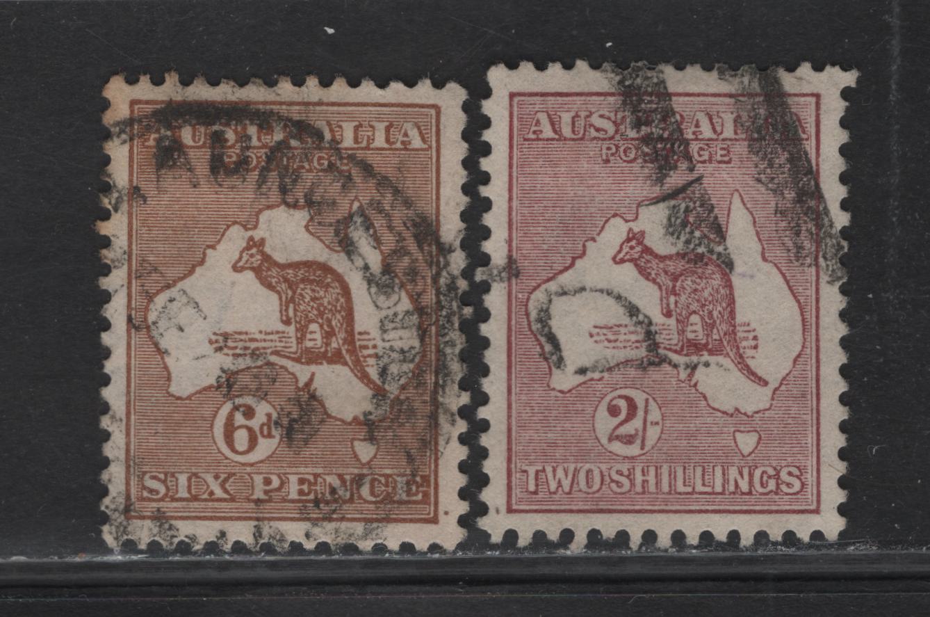 Lot 148 Australia (C) SG#73-74 6d - 2/- Chestnut - Maroon Kangaroo & Map, 1915-1927 Kangaroo & Map Issue, 2 Fine/Very Fine Used Singles, 3rd Wmk (Narrow Crown Over A)