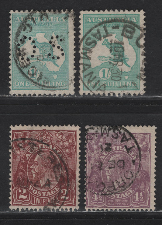 Lot 150 Australia (C) SG#98, 103, 109, O116 2d - 1/- Red Brown - Blue Green, 1926-1928 KGV Pictorial - 4th Nat'l Stamp Exhibition Issues, 4 Fine Used Singles, Normal & Perf OS, Small Multiple Crowns Wmk, Regular Has A Light Diagonal Crease.