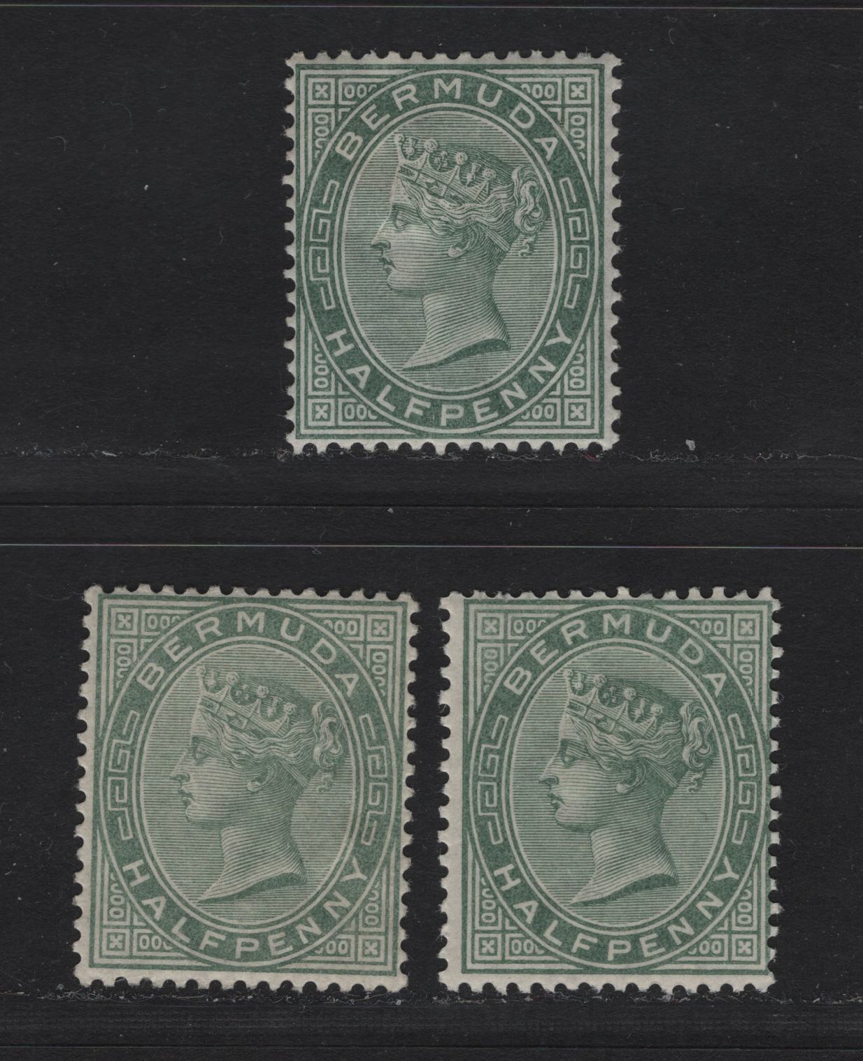 Lot 15 Bermuda SG#21,21a 1/2d Dull Green & 1/2d Deep Grey Green, 1883-1904 Queen Victoria Keyplates Issue, Wmk Crown CA, 3 F&VF OG Singles Two Shades