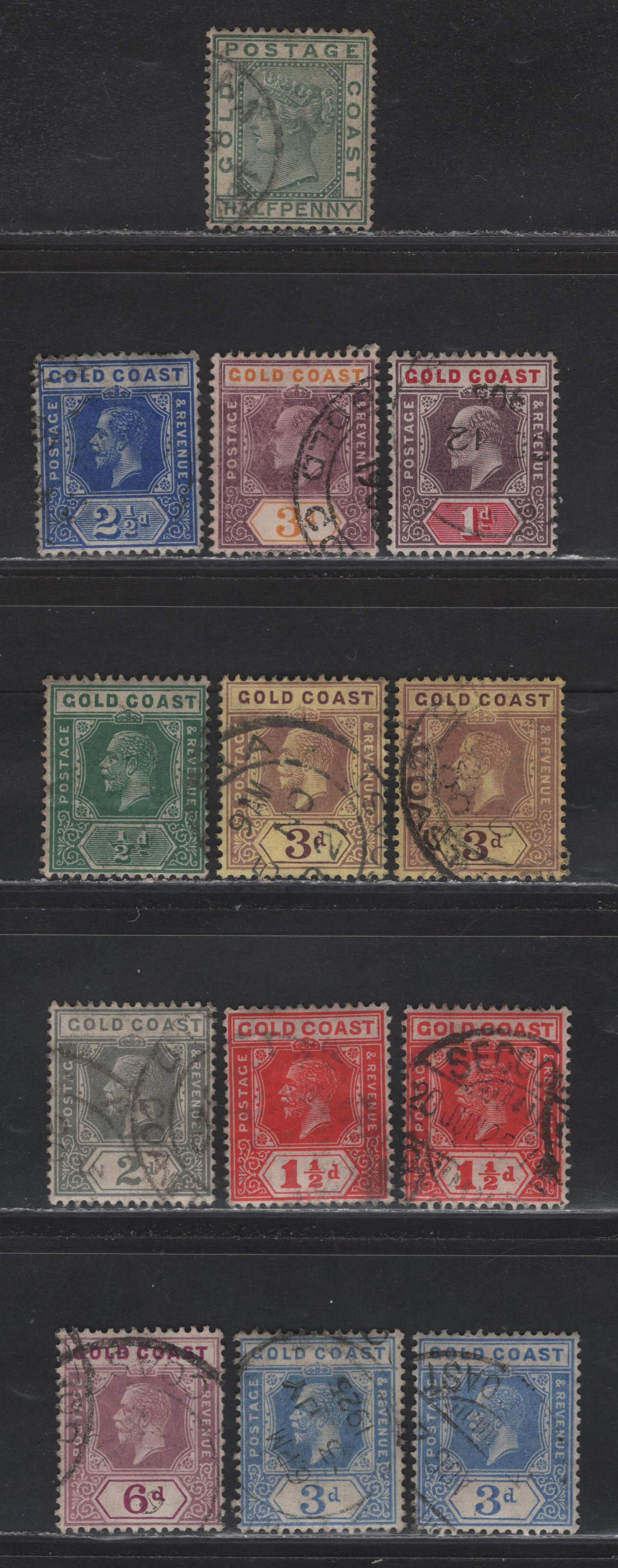 Lot 151 Gold Coast (C) SG#11a, 50, 53a, 76, 77, 77a, 86, 88, 89, 91, 94 1/2d - 6d Dull Green - Dull & Bright Purple, 1884-1924 Queen Victoria - KGV Keyplate Issues, 13 Fine/Very Fine Used Singles, Multiple Crown CA & Multiple Script CA Wmks