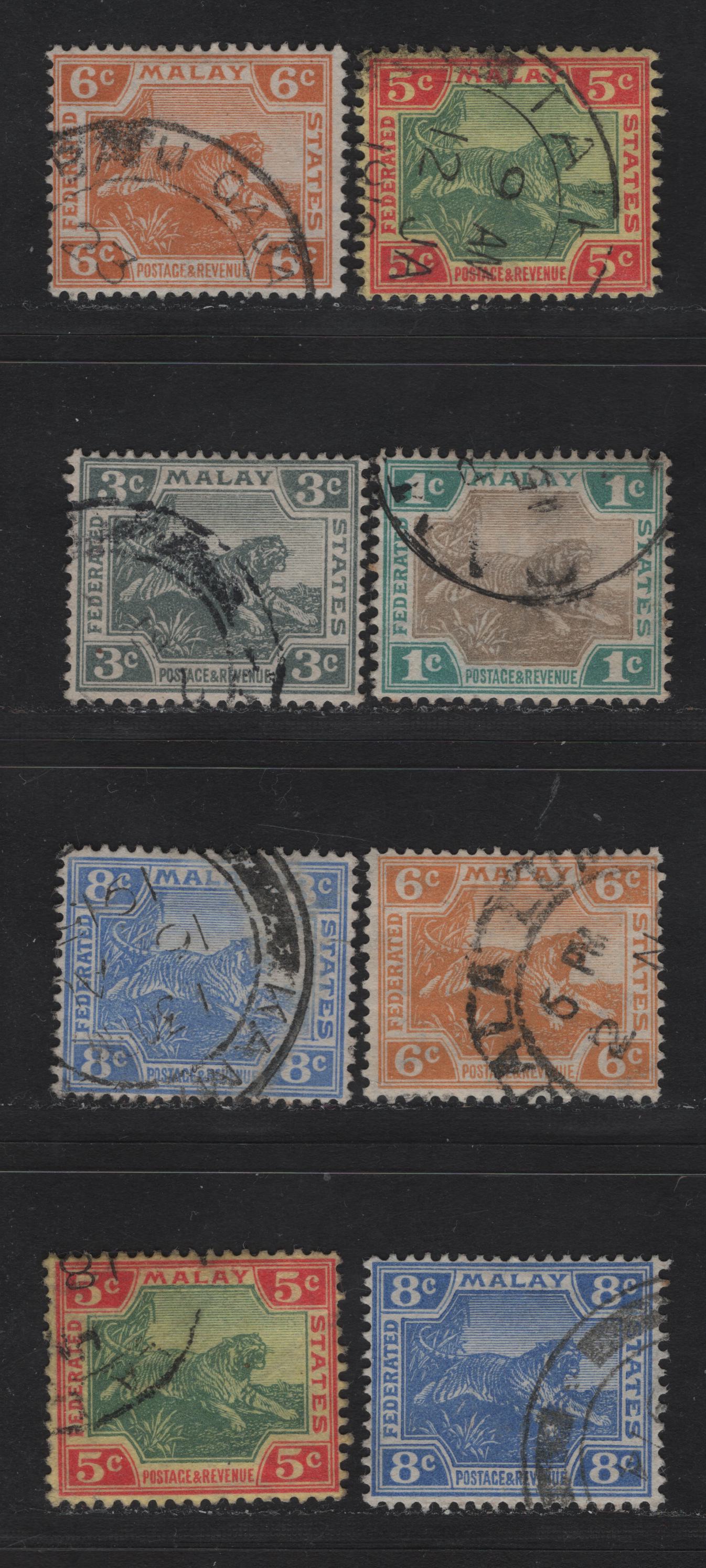 Lot 154 Federated Malay States (C) SG#27a, 35, 39-40, 42,b 1c - 8c Gray Brown & Green - Deep Blue Tiger, 1901-1922 Tiger Keyplate Issue, 8 Fine/Very Fine Used Singles, Multiple Crown CA Wmk, Shade Variations In 5c & 6c