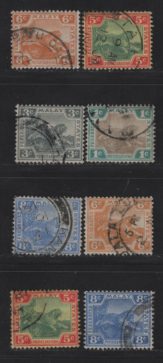 Lot 154 Federated Malay States (C) SG#27a, 35, 39-40, 42,b 1c - 8c Gray Brown & Green - Deep Blue Tiger, 1901-1922 Tiger Keyplate Issue, 8 Fine/Very Fine Used Singles, Multiple Crown CA Wmk, Shade Variations In 5c & 6c
