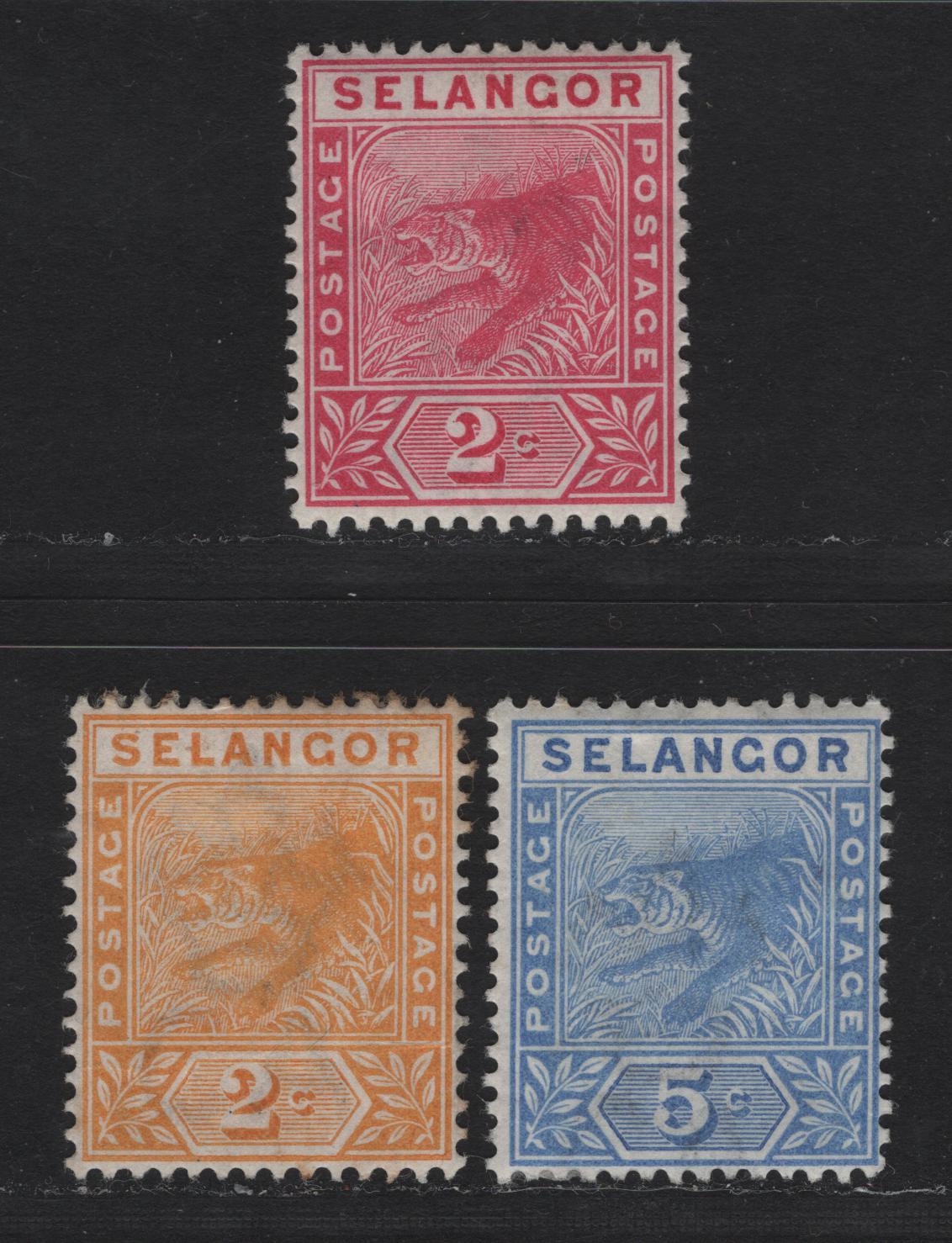 Lot 156 Malaya - Selangor (C) SG#50-52 2c - 5c Rose - Blue Tiger, 1891-1895 Tiger Keyplate Issue, 3 F/VFOG Singles