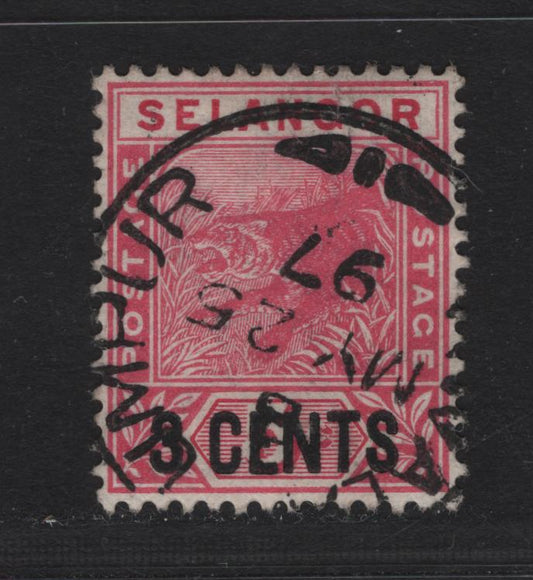 Lot 157 Malaya - Selangor (C) SG#53 3c on 5c Rose Tiger, 1894 Surcharged Tiger Keyplate Issue, A Very Fine Used Single, SON May 25 1897 Kuala Lumpur Cancel