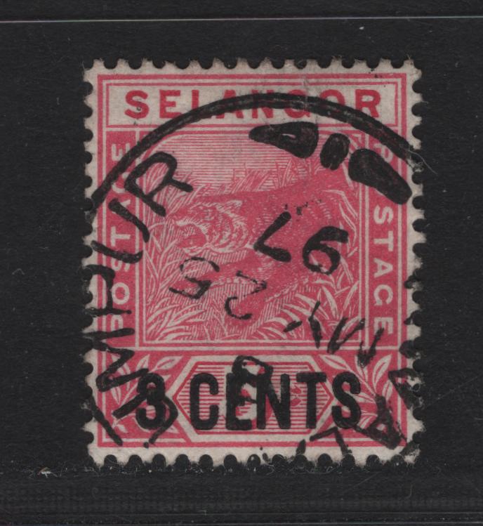 Malaya - Selangor (C) SG#53 3c on 5c Rose Tiger, 1894 Surcharged Tiger Keyplate Issue, A Very Fine Used Single, SON May 25 1897 Kuala Lumpur Cancel