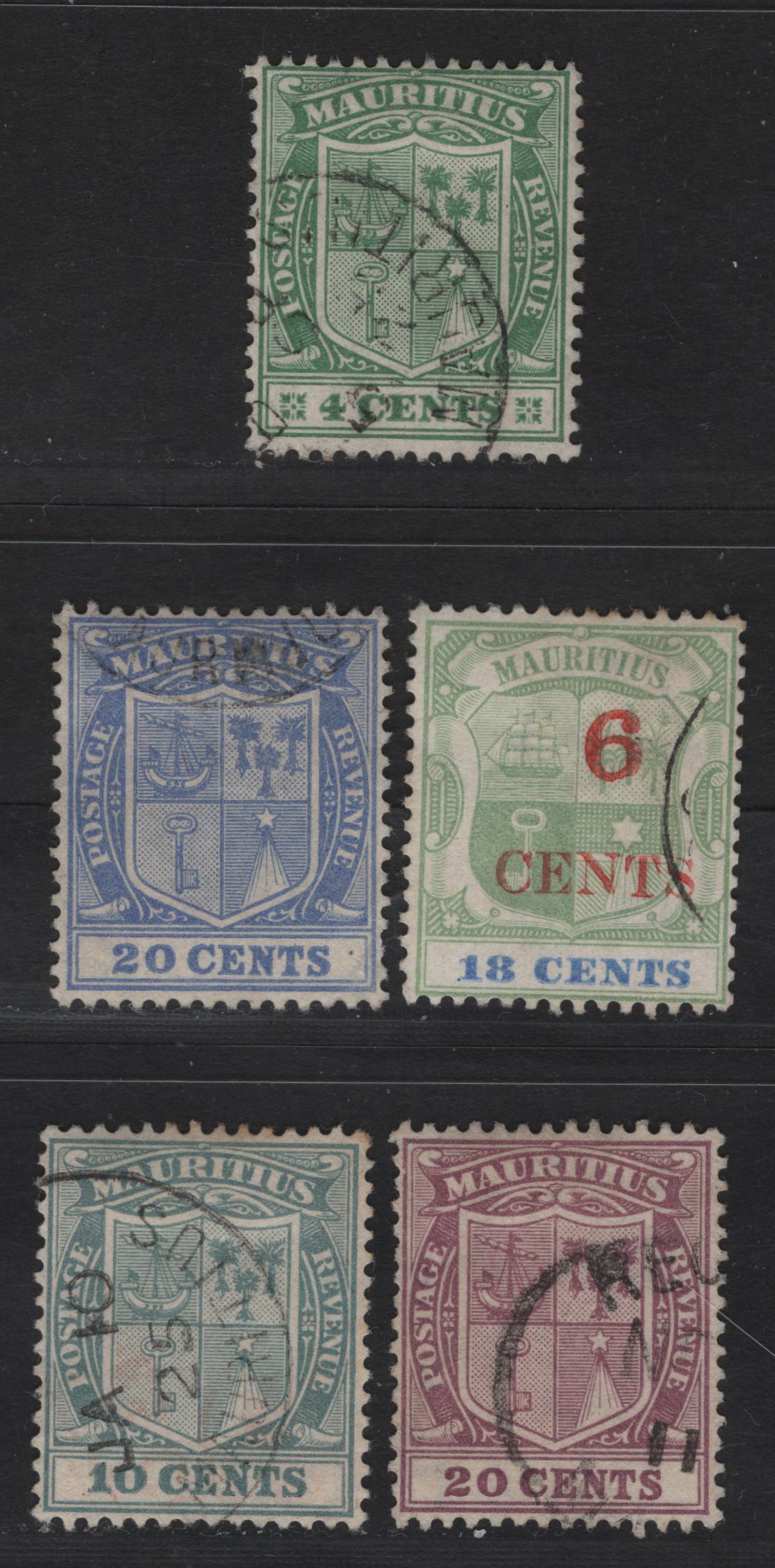 Lot 160 Mauritius (C) SG#134, 210, 215, 220-221 6c on 18c - 20c Green & Ultramarine - Purple Surcharges - Arms, 1899-1926 Surcharges - Arms Issues, 5 Very Fine Used Singles, Script CA Wmk