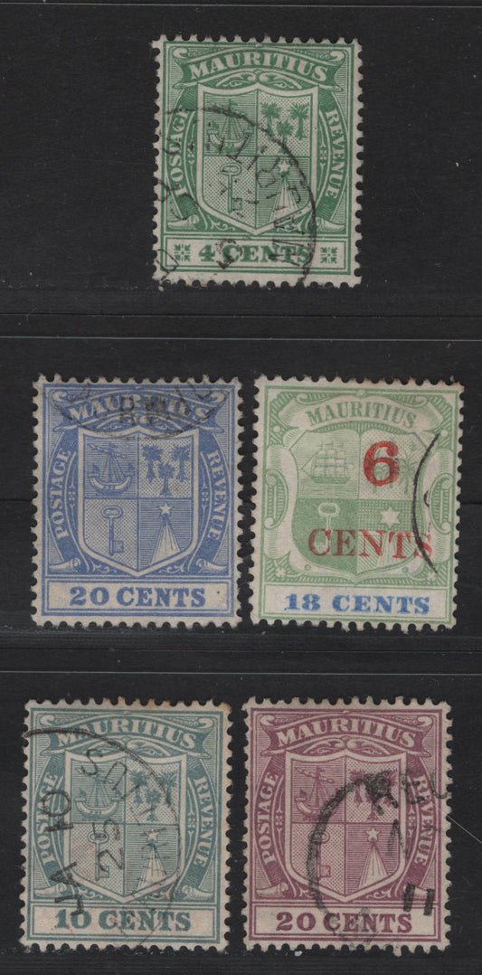 Lot 160 Mauritius (C) SG#134, 210, 215, 220-221 6c on 18c - 20c Green & Ultramarine - Purple Surcharges - Arms, 1899-1926 Surcharges - Arms Issues, 5 Very Fine Used Singles, Script CA Wmk