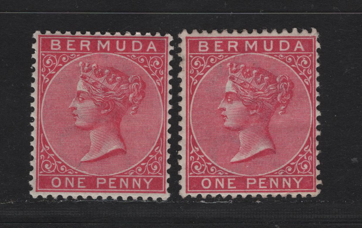Lot 16 Bermuda SG#24a 1d Aniline Carmine, 1883-1904 Queen Victoria Keyplates Issue, Wmk Crown CA, 2 F&VFOG Singles Two Slightly Different Shades