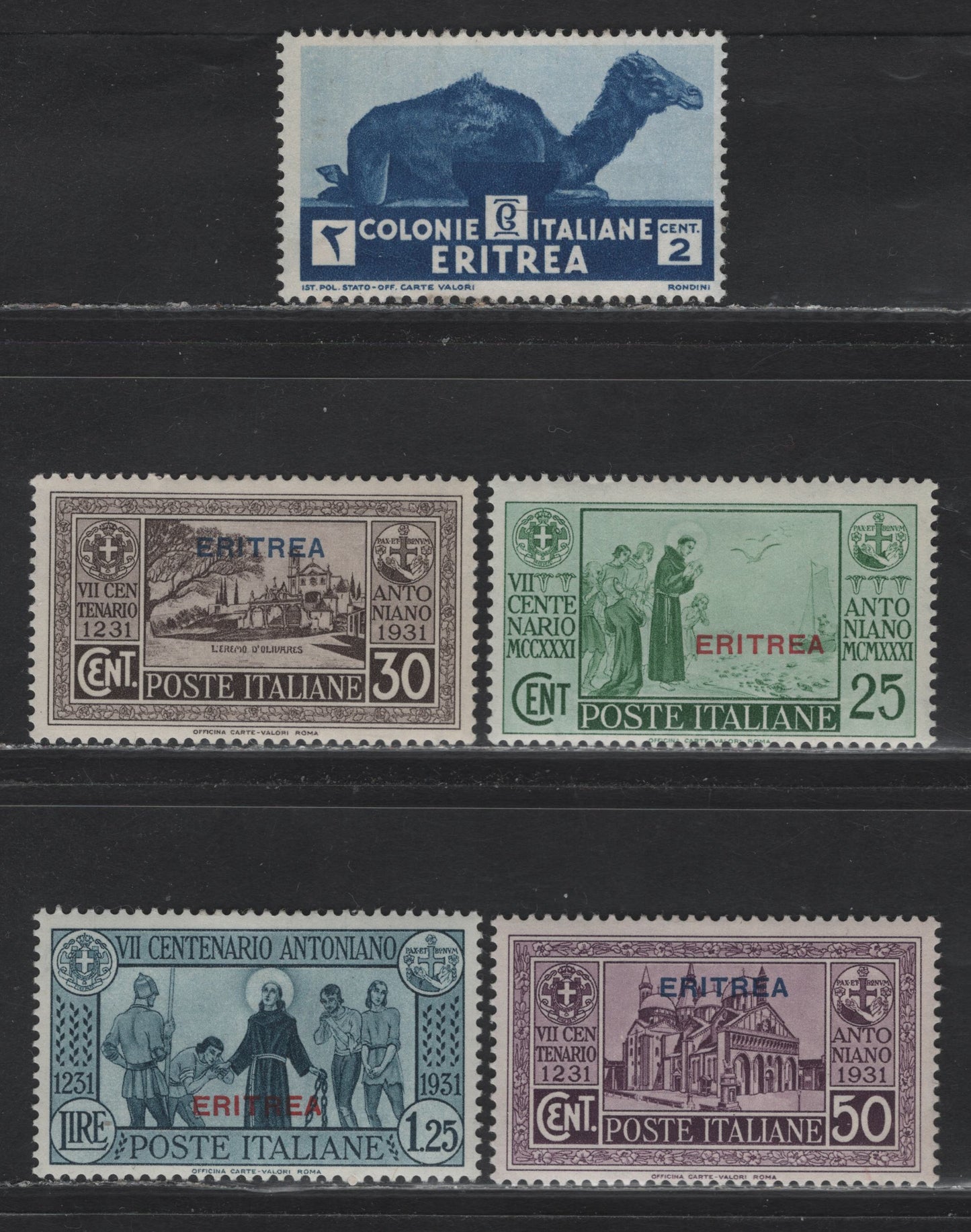 Lot 164 Eritrea (C) SC#144-147, 158 25c - 10c Green - Dull Blue Saint Anthony of Padua - Abruzzi, 1931-1934 Overprinted Saint Anthony of Padua - Pictorial Airmail Issues, 5 VFOG Singles