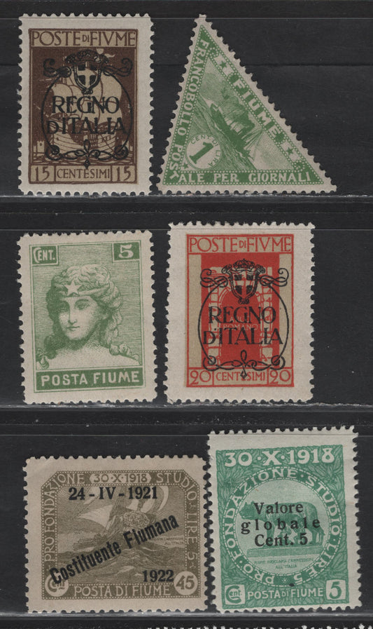 Lot 165 Fiume (C) SC#46, 73, 153, 186, 187,  P4 5c - 1c Yellow Green - Gray Green , 1919-1920 Pictorial - Newspaper Issues, 6 F/VFOG Singles, All Checked & Determined to Be Genuine Using The Descriptions On www.stampforgeries.com