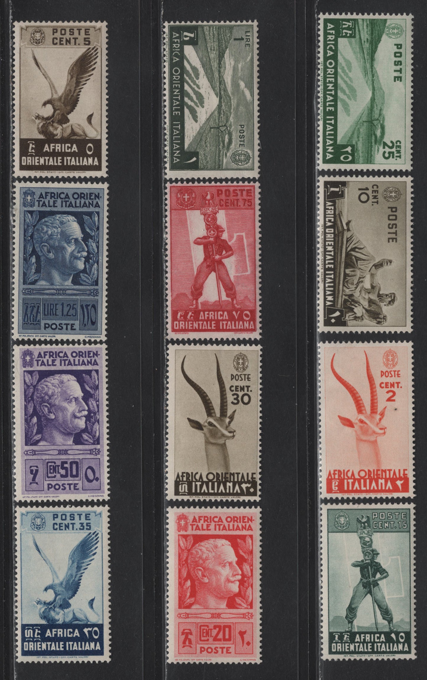 Lot 171 Italian East Africa SC#1-2, 4-13 2c - 1.25l Red Orange - Deep Blue Grants Gazelle - Statue of the Nile, 1938 Pictorial Definitive Issue, 12 F/VFOG/NH Singles, All Hinged Except 5c Which Is NH
